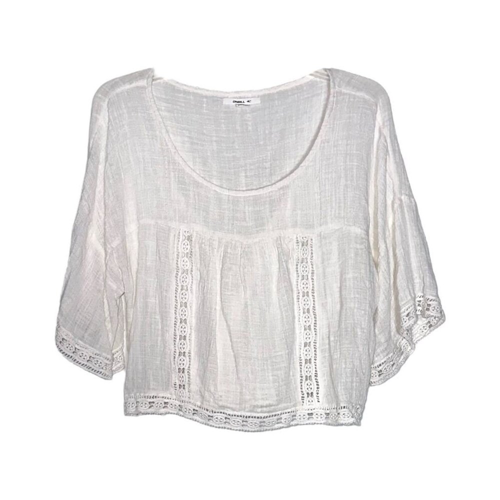 O'Neill Women's Linen White Peasant Cropped Blouse Lace Trim Boho Top Size M
